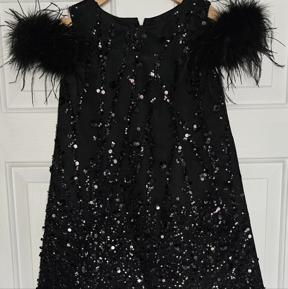 Chic Black Sequin Dress with Feather Accents Girls 6
